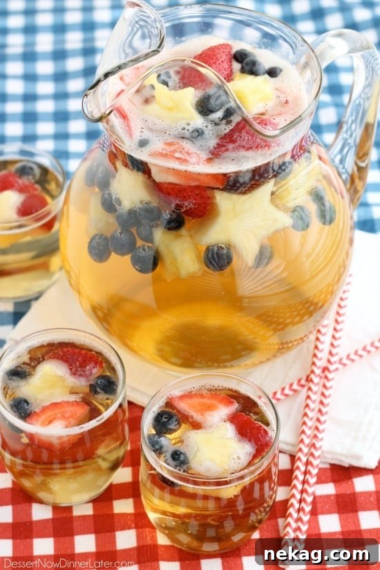 Red, White & Blue Patriotic Punch Recipe for 4th of July 8 This Patriotic Punch is a fizzy drink made easy with only two ingredients and decorated with fruit for a red, white, and blue, party punch the whole family can enjoy!
