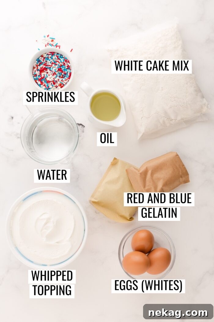 Labeled ingredients needed to make Red White and Blue Poke Cake.