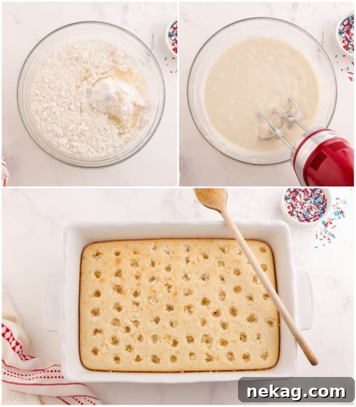 Steps to make white cake mix and poked holes all over the baked cake.
