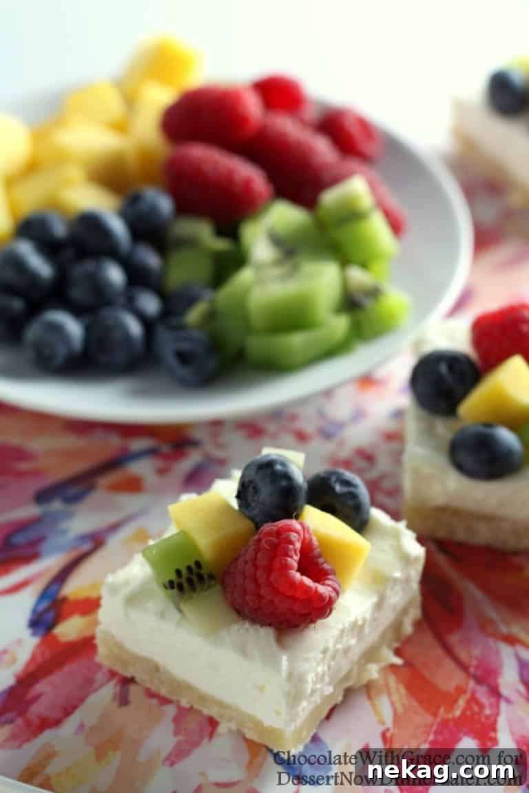 Fruit Cheesecake Bars with shortbread crust, creamy cheesecake layer and fresh fruit