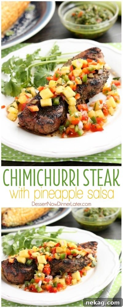 Chimichurri steak plated with pineapple salsa