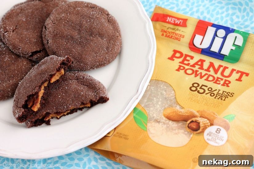 These Peanut Butter Stuffed Chocolate Cookies are soft and indulgent, but use peanut powder for less fat, without compromising taste!