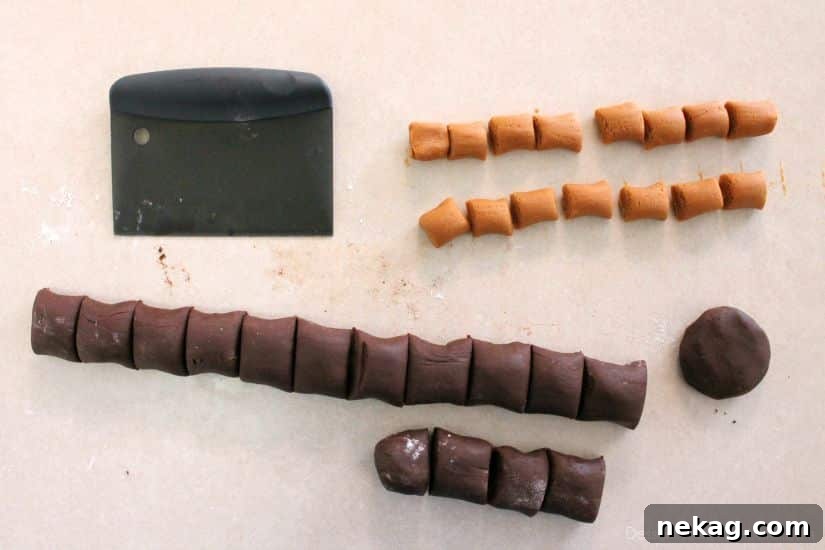 Peanut Butter Stuffed Chocolate Cookies - cut chocolate and peanut butter doughs into equal pieces