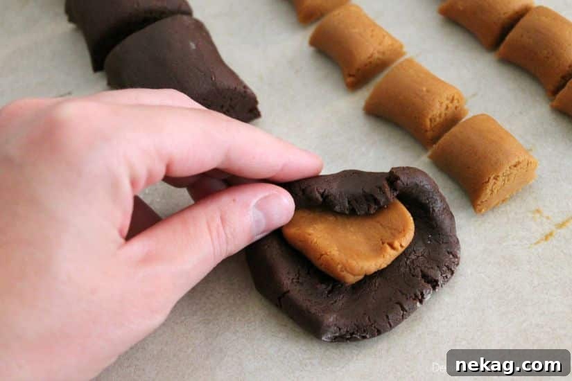 Peanut Butter Stuffed Chocolate Cookies - fold chocolate dough over peanut butter filling, then flatten