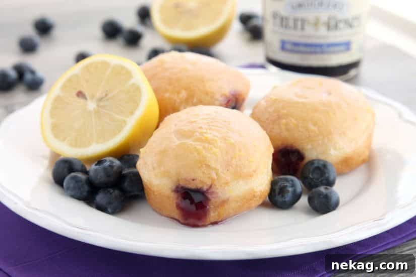 These Jelly Filled Mini Donuts make the perfect breakfast or dessert! Lemon glazed donuts are made easy with refrigerated biscuit dough, and are stuffed with a naturally sweetened blueberry lemon fruit spread.