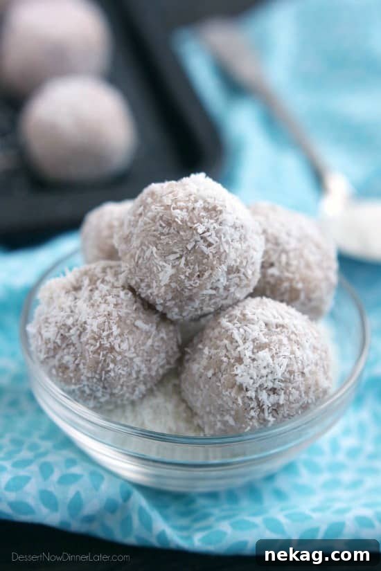 Chewy Coconut Snowballs Recipe: Simple No-Bake Coconut Treats 2 No-bake Coconut Snowballs are simple and delicious! The perfect healthy dessert to curb that sweet-tooth craving! Bonus: They're egg, dairy, and gluten free!