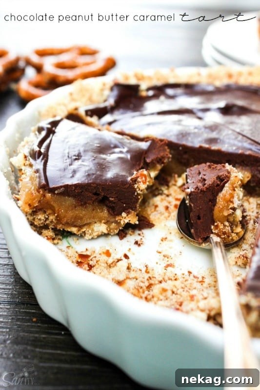 Chocolate Peanut Butter Caramel Tart via A Dash of Sanity