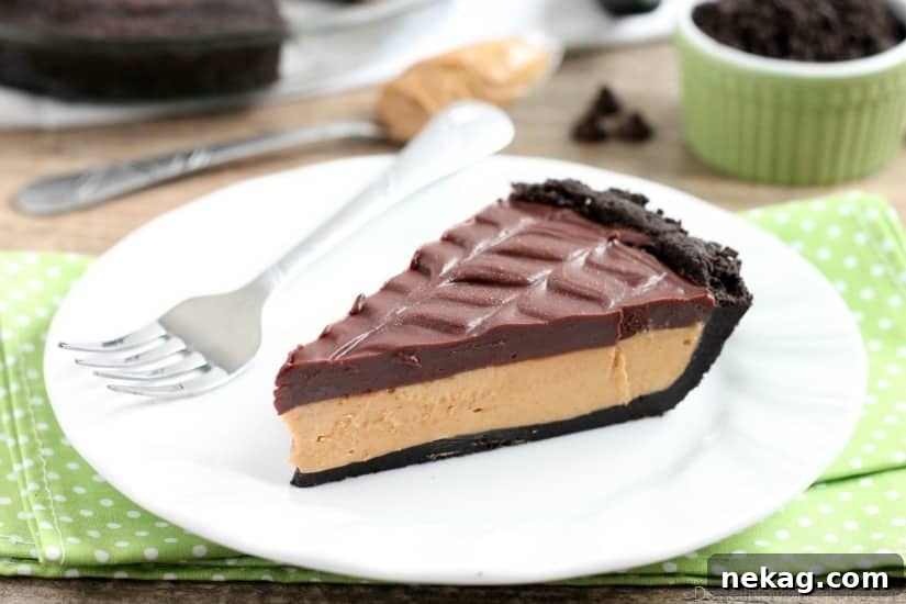 This No-Bake Peanut Butter Pie with an oreo crust, whipped peanut butter filling, and silky chocolate ganache will have you savoring every decadent bite!