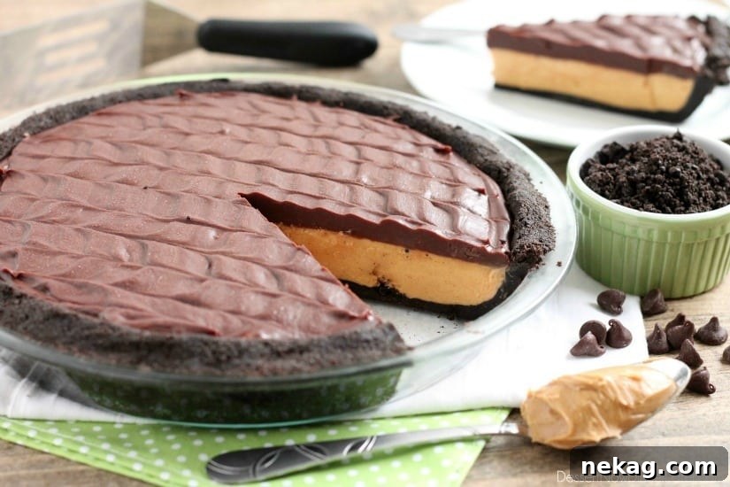 This No-Bake Peanut Butter Pie with an oreo crust, whipped peanut butter filling, and silky chocolate ganache will have you savoring every decadent bite!