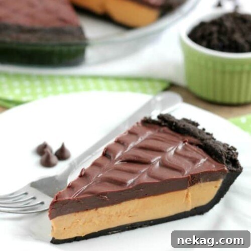 This No-Bake Peanut Butter Pie with an oreo crust, whipped peanut butter filling, and silky chocolate ganache will have you savoring every decadent bite!