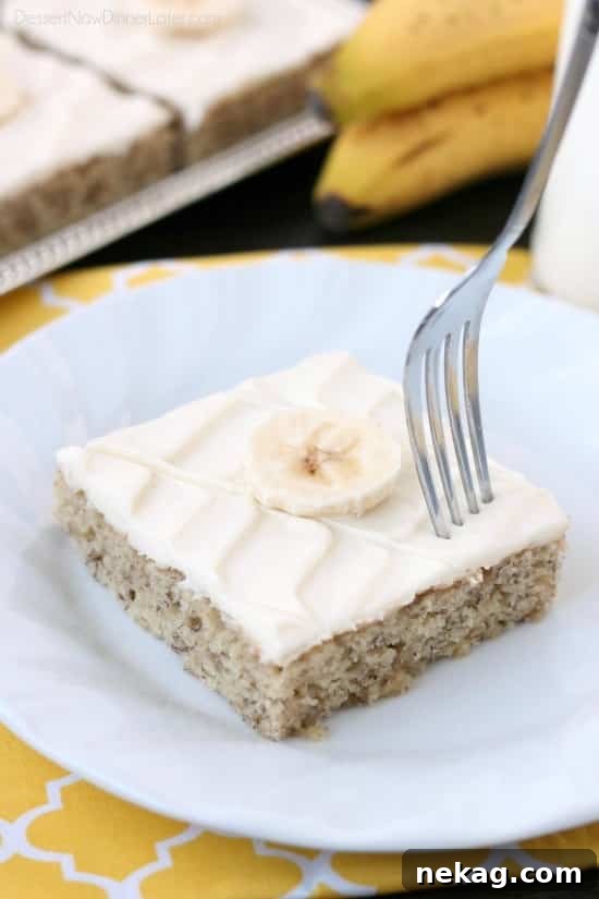 Ultimate Moist Banana Cake Recipe for Homemade Baking 4 This is the BEST banana cake topped with the BEST cream cheese frosting! Perfect for picnics and potlucks, this banana sheet cake is a crowd pleaser! Everyone asks for the recipe!