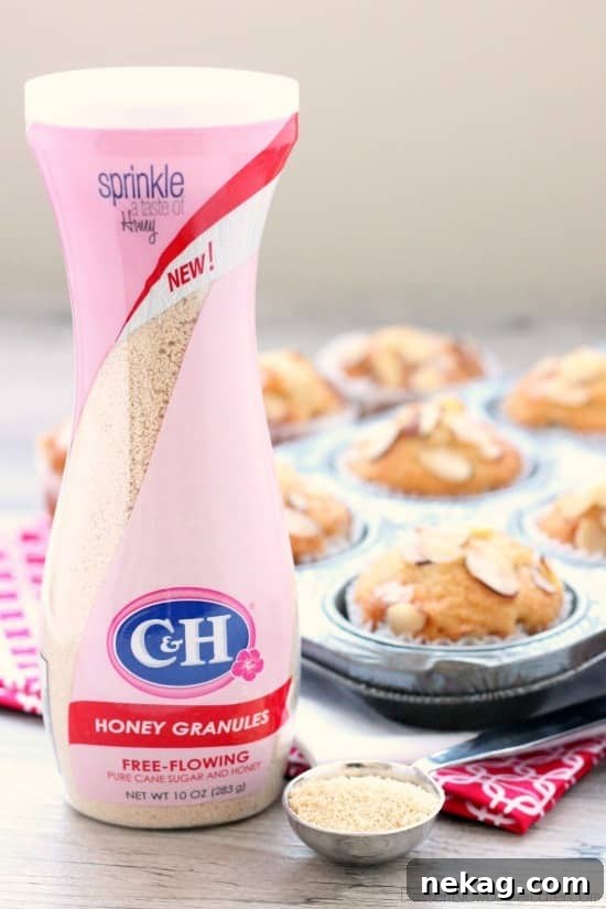 Honey Almond Muffins Recipe with Crunchy Streusel Topping 4 Almond extract and C&H® Honey Granules flavor these easy and lightly sweet breakfast muffins.