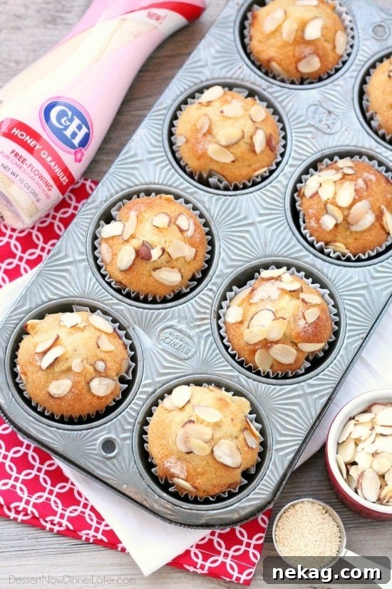 Honey Almond Muffins Recipe with Crunchy Streusel Topping 5 Almond extract and C&H® Honey Granules flavor these easy and lightly sweet breakfast muffins.