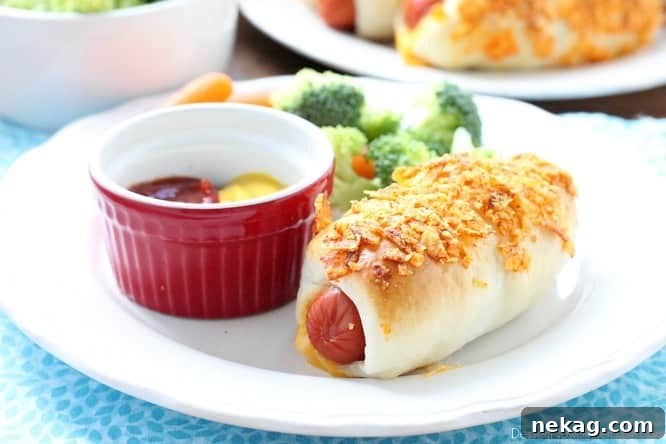 Frozen dough, nacho tortilla chips, and extra cheese transform ordinary pigs in a blanket into these extraordinary crunchy nacho dogs.