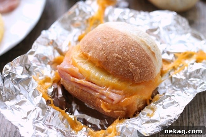 Campfire Ham and Pineapple Sandwiches with Gooey Cheese 3 These Hot Ham and Pineapple Campfire Sandwiches are a delicious and easy tin foil recipe. Plus cleanup is a breeze! (You can even bake these in the oven too!)