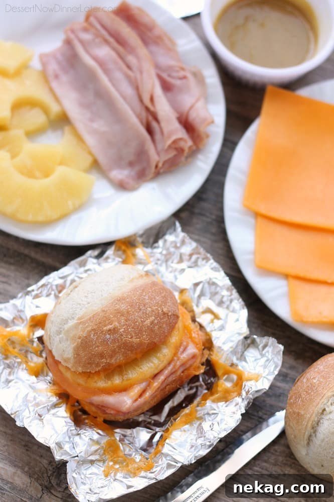 Campfire Ham and Pineapple Sandwiches with Gooey Cheese 5 These Hot Ham and Pineapple Campfire Sandwiches are a delicious and easy tin foil recipe. Plus cleanup is a breeze! (You can even bake these in the oven too!)