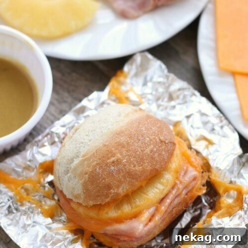 Campfire Ham and Pineapple Sandwiches with Gooey Cheese 6 These Hot Ham and Pineapple Campfire Sandwiches are a delicious and easy tin foil recipe. Plus cleanup is a breeze! (You can even bake these in the oven too!)