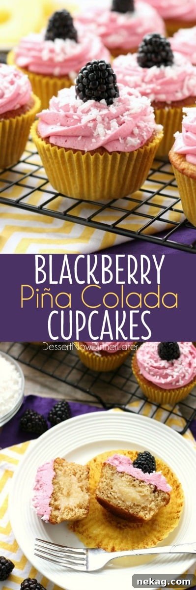 Blackberry Piña Colada Cupcakes - Moist coconut cupcakes with a sweet pineapple and rum filling topped with fresh blackberry frosting. A delicious drink inspired cupcake with a twist! (Cupcake Battles WINNER!)