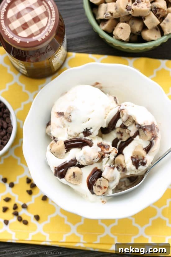 No-Churn Chocolate Chip Cookie Dough Ice Cream (Plus 10 More Recipes) 4 This no churn chocolate chip cookie dough ice cream has generous pieces of eggless cookie dough inside a creamy vanilla ice cream with hot fudge swirls. No ice cream machine needed to make this delicious dessert!
