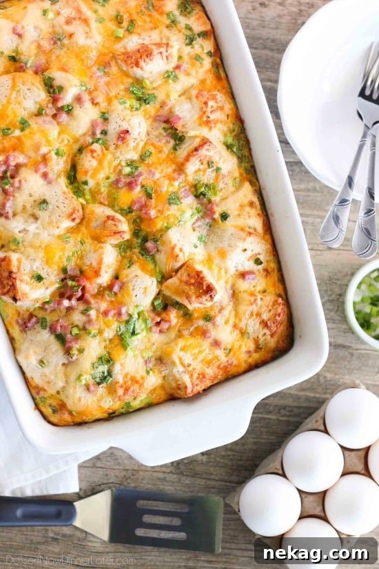 Ham, Egg & Cheese Breakfast Casserole Recipe 2 This hearty breakfast casserole is made with ham, eggs, cheese, and tender buttermilk biscuits. Make it ahead of time or bake it right away, for a breakfast ready when you are.