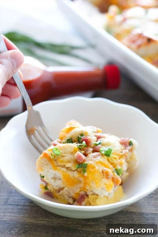 Ham, Egg & Cheese Breakfast Casserole Recipe 3 This hearty breakfast casserole is made with ham, eggs, cheese, and tender buttermilk biscuits. Make it ahead of time or bake it right away, for a breakfast ready when you are.