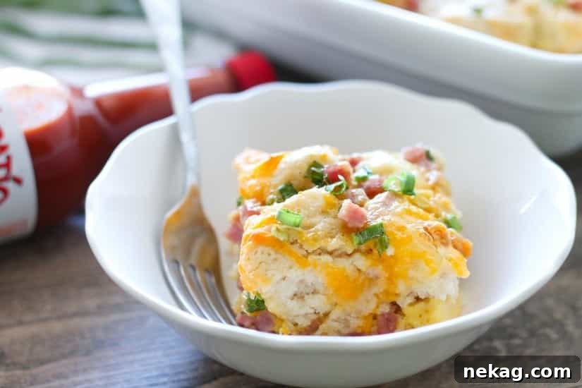 Ham, Egg & Cheese Breakfast Casserole Recipe 5 This hearty breakfast casserole is made with ham, eggs, cheese, and tender buttermilk biscuits. Make it ahead of time or bake it right away, for a breakfast ready when you are.