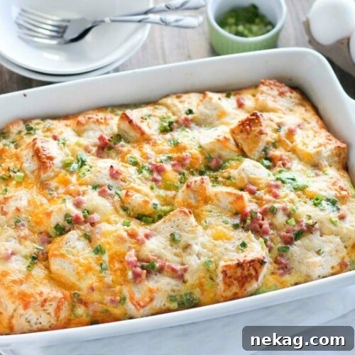 Ham, Egg & Cheese Breakfast Casserole Recipe 6 This hearty breakfast casserole is made with ham, eggs, cheese, and tender buttermilk biscuits. Make it ahead of time or bake it right away, for a breakfast ready when you are.