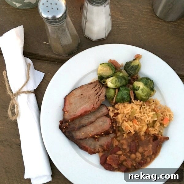 Smoked Tri-Tip, Maple Bacon Brussel Sprouts, Confetti Rice, and Baked Beans.