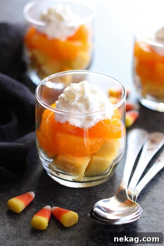 Guilt-Free Candy Corn Snack Ideas for Halloween 2 These layered fruit parfaits are a fun and festive, healthy candy corn treat for Halloween!