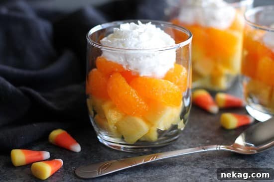 Guilt-Free Candy Corn Snack Ideas for Halloween 3 These layered fruit parfaits are a fun and festive, healthy candy corn treat for Halloween!