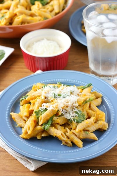 Creamy Butternut Penne with Spinach and Parmesan // A Kitchen Addiction