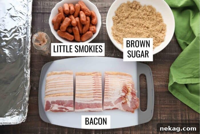 Ingredients for bacon wrapped smokies: little smokies mini sausages, brown sugar, and bacon cut into thirds.