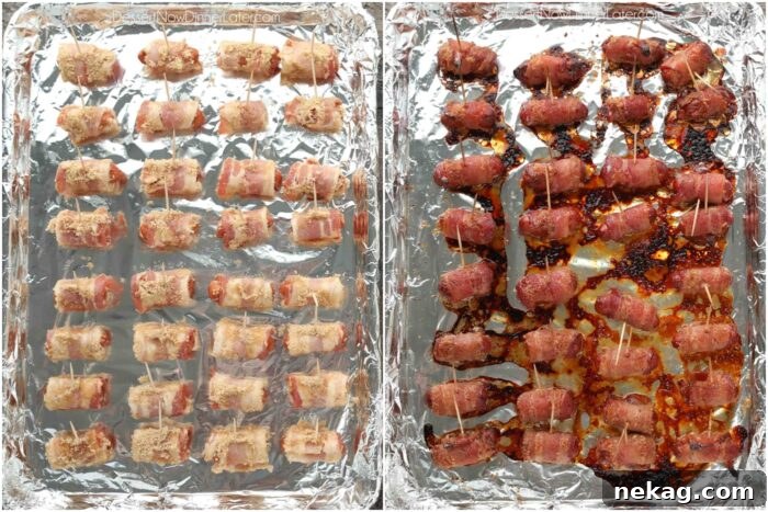 Before and after baking bacon wrapped smokies on a sheet tray with foil.