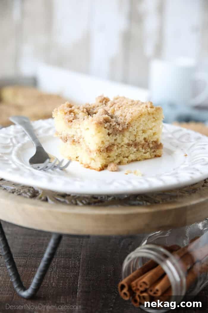 Moist Sour Cream Coffee Cake Recipe with Cinnamon Streusel 2 Close up of a slice of sour cream coffee cake on a plate with a line of cinnamon streusel in the center of the cake and more streusel on top.