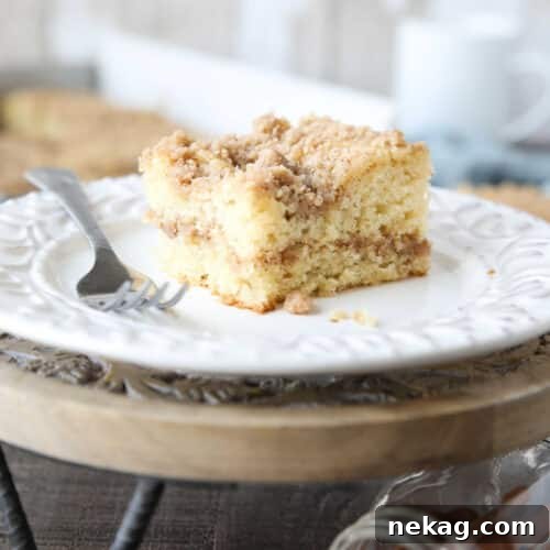 Moist Sour Cream Coffee Cake Recipe with Cinnamon Streusel 11 Close up of a slice of sour cream coffee cake on a plate with a line of cinnamon streusel in the center of the cake and more streusel on top.