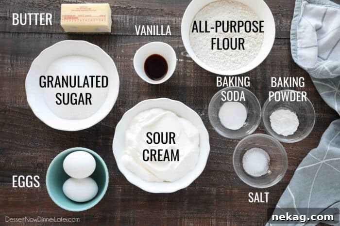 Moist Sour Cream Coffee Cake Recipe with Cinnamon Streusel 5 Ingredients for Sour Cream Coffee Cake: butter, granulated sugar, eggs, vanilla, sour cream, all-purpose flour, baking soda, baking powder, and salt.