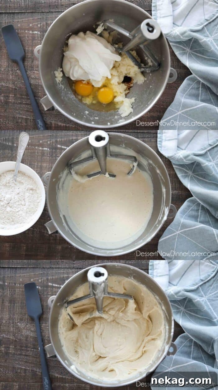 Moist Sour Cream Coffee Cake Recipe with Cinnamon Streusel 6 Collage image for how to make sour cream coffee cake. Top: Butter and sugar creamed together with eggs, vanilla and sour cream on top. Middle: Wet ingredients mixed completely. Bottom: Dry ingredients incorporated. Cake batter is ready.