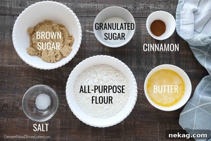 Moist Sour Cream Coffee Cake Recipe with Cinnamon Streusel 7 Ingredients for coffee cake streusel: brown sugar, granulated sugar, cinnamon, salt, all-purpose flour, and melted butter.