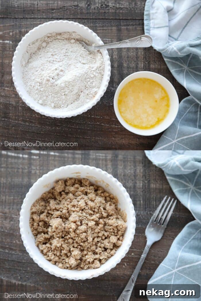 Moist Sour Cream Coffee Cake Recipe with Cinnamon Streusel 8 Collage image for how to make coffee cake streusel. Top: Combine brown sugar, sugar, cinnamon, salt, and flour in a bowl. Bottom: Add melted butter and mix well with a fork until crumbly.