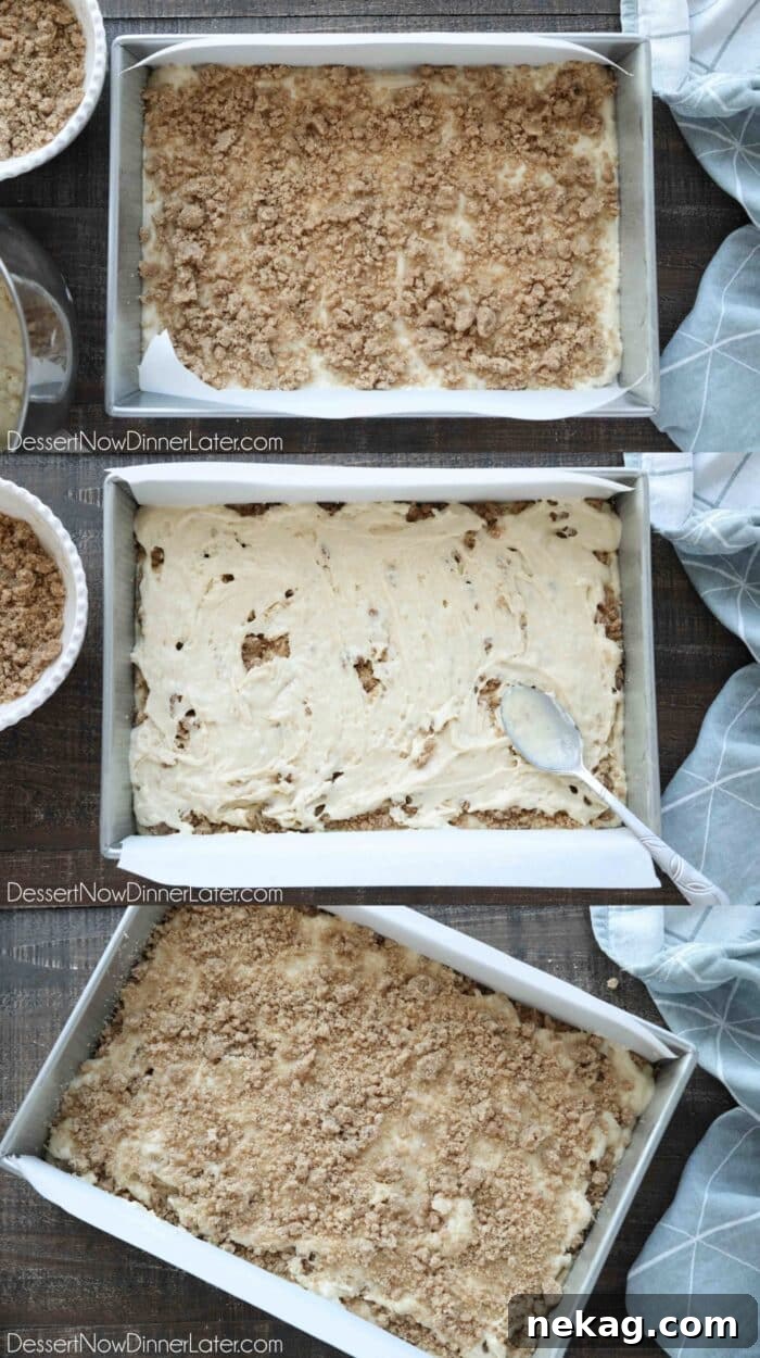 Moist Sour Cream Coffee Cake Recipe with Cinnamon Streusel 9 How to assemble coffee cake: Spread half of the cake batter into the bottom of a greased 9x13-inch pan. Middle: Sprinkle half the streusel over the batter. Then dollop the remaining cake batter over the crumbs and spread it evenly. Bottom: Sprinkle remaining streusel over the top of the cake batter, then it's ready to bake.