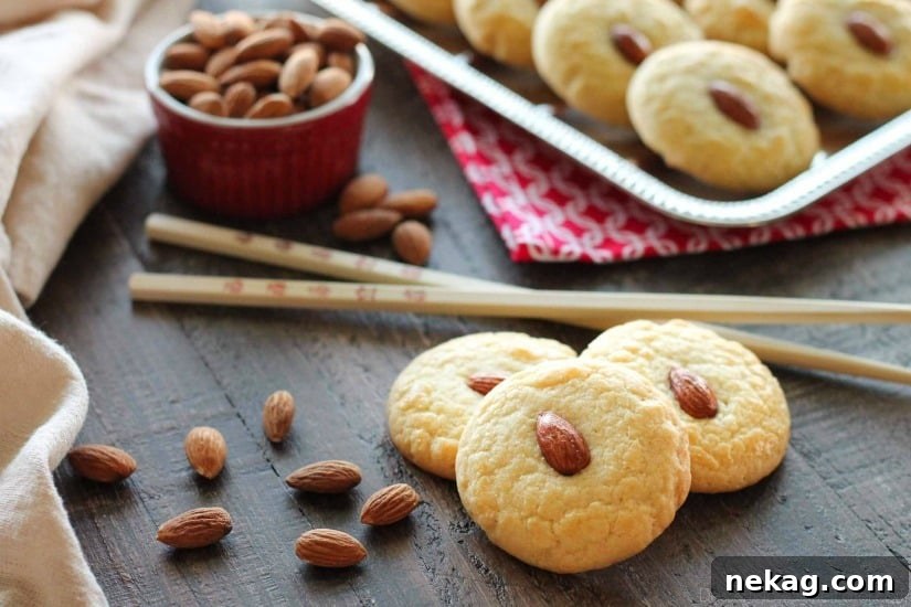 Crispy Chinese Almond Cookies Recipe for Lunar New Year Treats 6 Chinese Almond Cookies are simple, crisp, buttery, and full of almond flavor. Save this recipe for Chinese New Year!