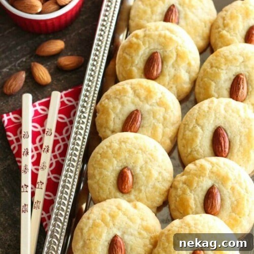 Crispy Chinese Almond Cookies Recipe for Lunar New Year Treats 8 Chinese Almond Cookies are simple, crisp, buttery, and full of almond flavor. Save this recipe for Chinese New Year!