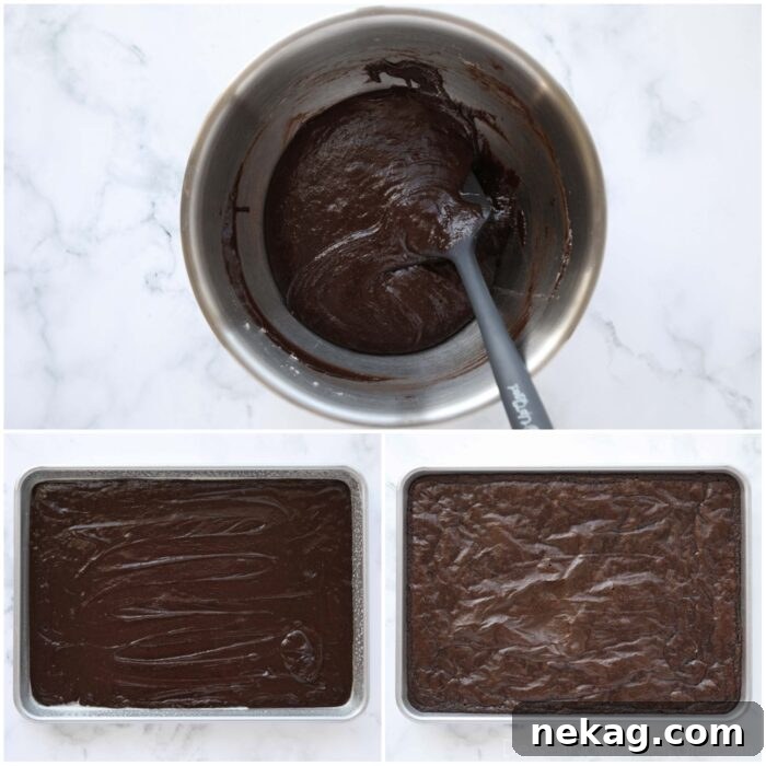 Steps to make a boxed brownie mix in a 9x13-inch pan or quarter sheet pan.