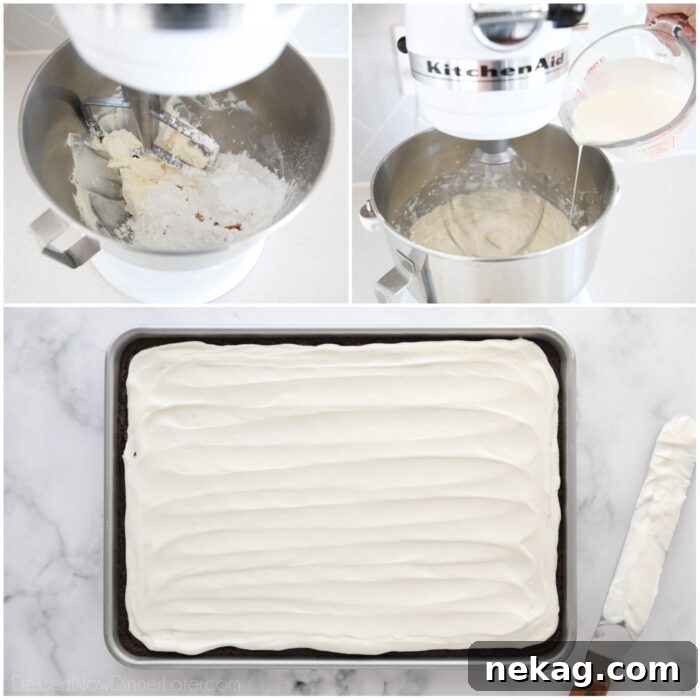 Steps to make whipped cream cheese frosting and spreading it over the baked brownies.