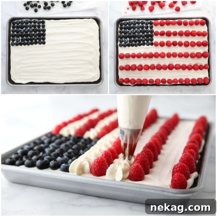 Steps to decorate the brownie into a 4th of July Fruit Pizza by using blueberries, raspberries, and whipped cream cheese frosting to look like the American flag.