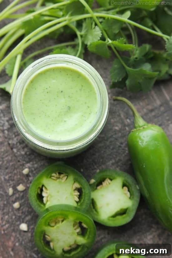 This Cafe Rio Style Cilantro Ranch Dressing is tangy, super creamy, and has a just the right kick of jalapeño. You'll want to put it on everything!