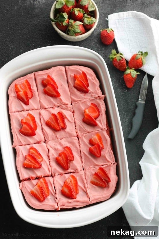 This strawberry cake uses fresh strawberries and flavored gelatin for a super flavorful strawberry sheet cake that will feed a crowd. It's really easy, and incredibly moist too!
