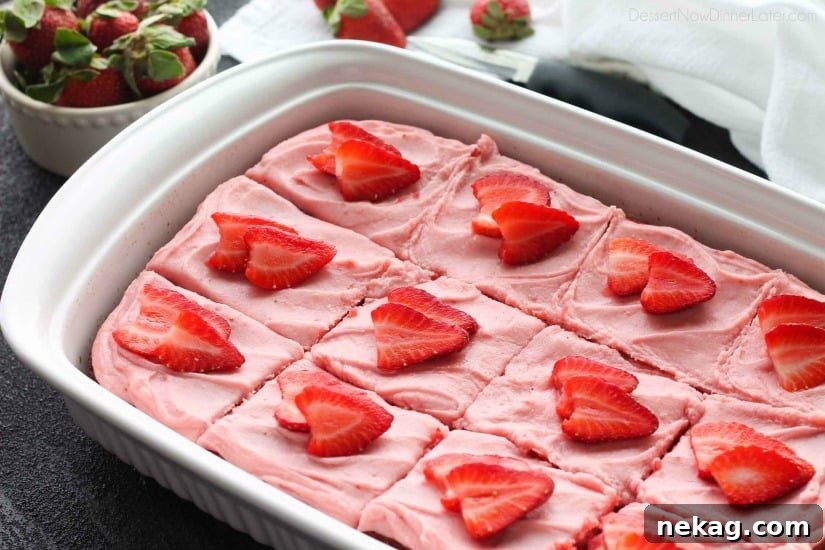 This strawberry cake uses fresh strawberries and flavored gelatin for a super flavorful strawberry sheet cake that will feed a crowd. It's really easy, and incredibly moist too!
