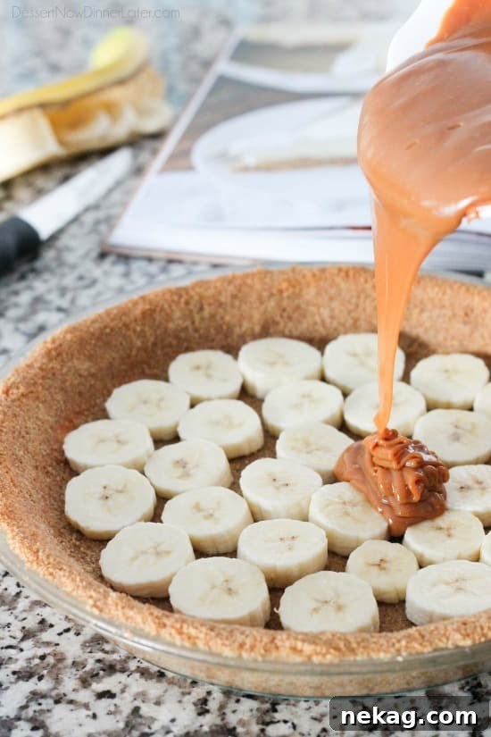 Caramel Banana Cream Pie Recipe with Buttery Crust and Whipped Topping 8 Slice served from Caramel Banana Cream Pie