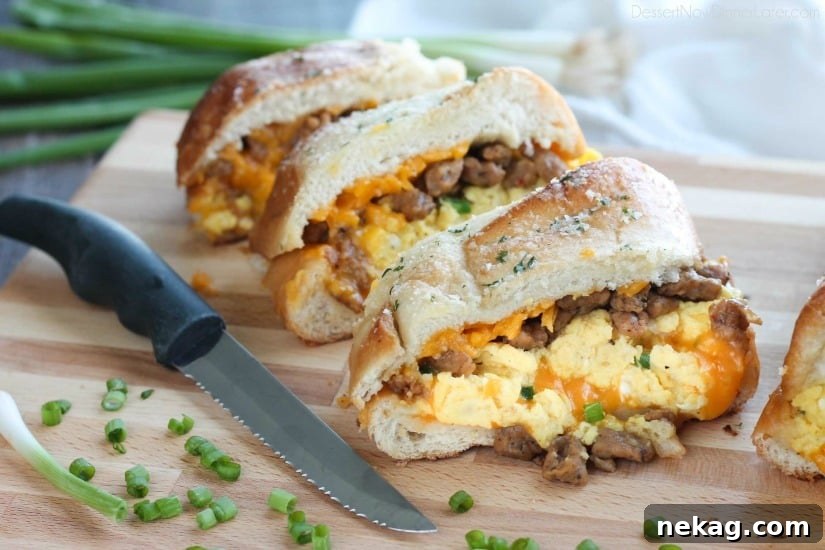 Breakfast-Stuffed French Bread: Savory Morning Sandwich Recipe 7 Cheesy breakfast stuffed bread pulled apart to show filling